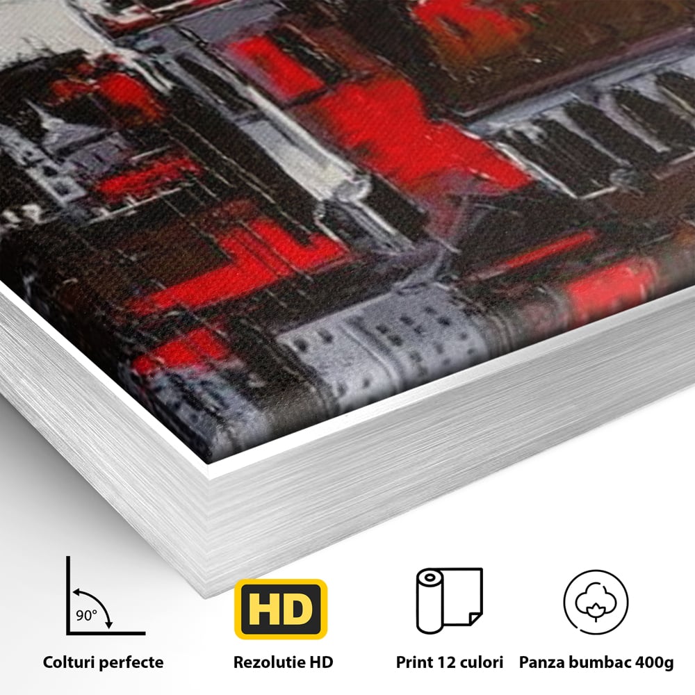 Detaliu al suprafetei: pictura canvas cu turle gotice si accente rosii, in rama de aluminiu argintiu
